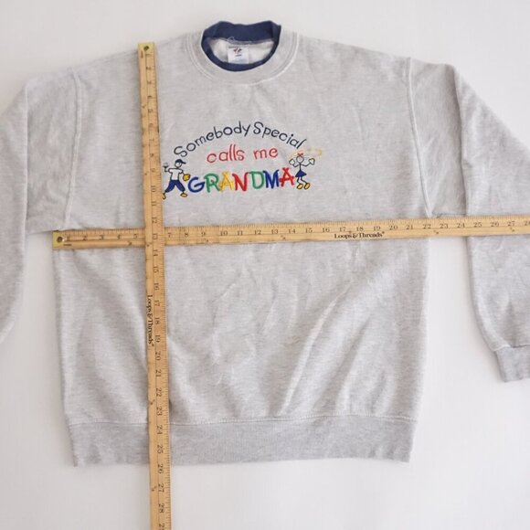 Vintage '90s Jerzees Grandmacore Embroidered Kids Gray Cotton Crewneck Sweater L - Picture 3 of 10